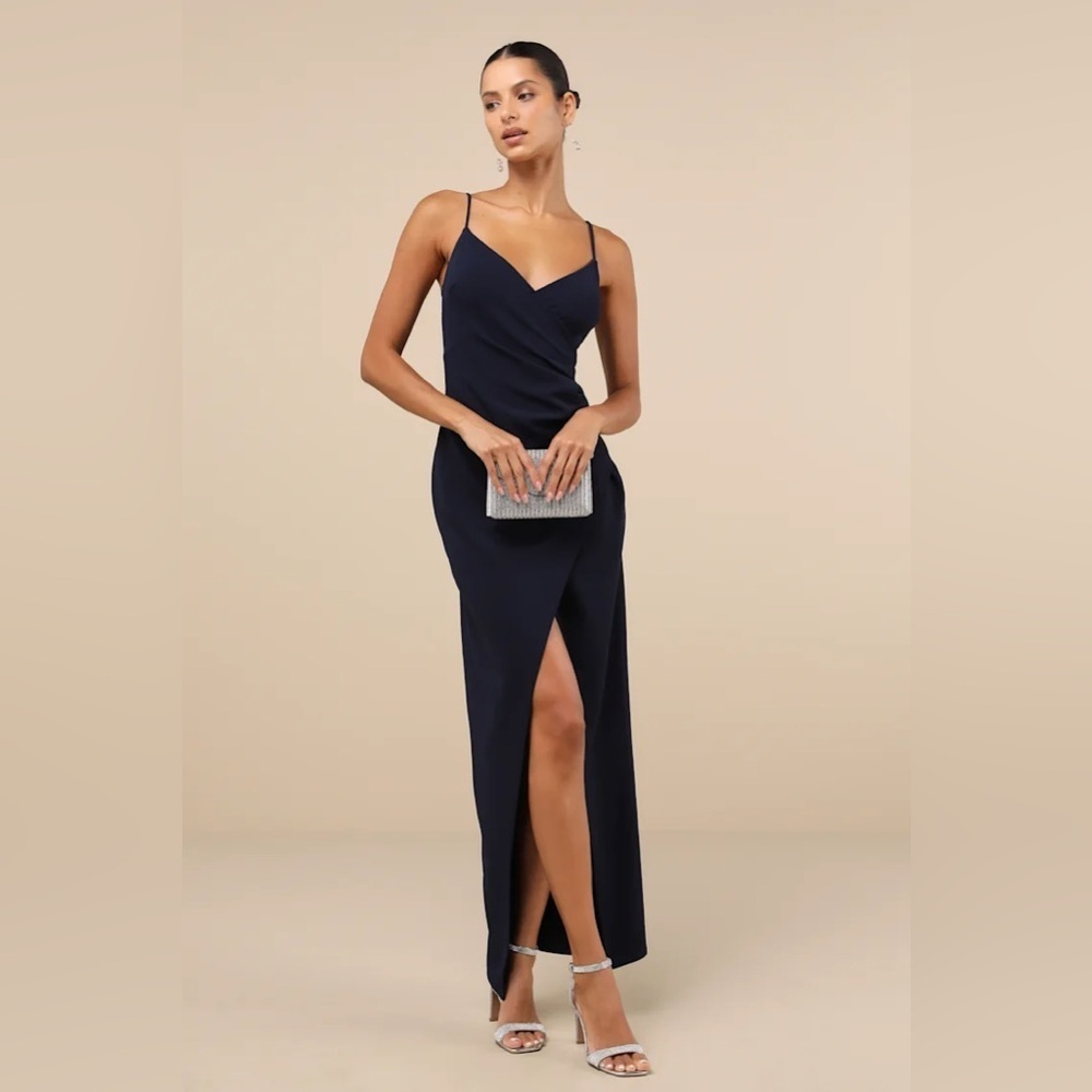 Lulu's Sweetest Admirer Navy Blue Ruched Surplice Maxi Dress
